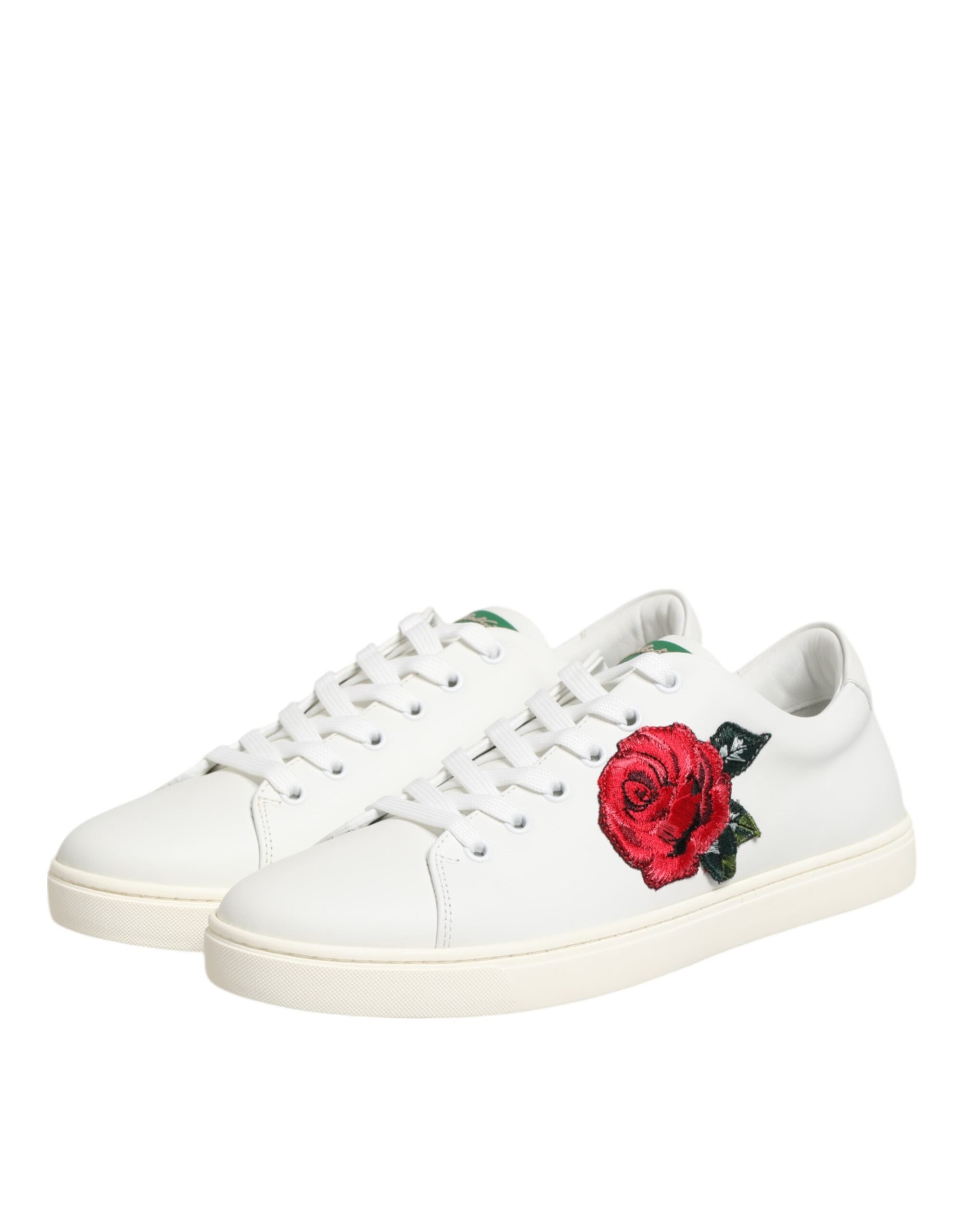 Dolce & Gabbana White Leather Rose Embroidery Low-Top  Shoes - Luxe Nova