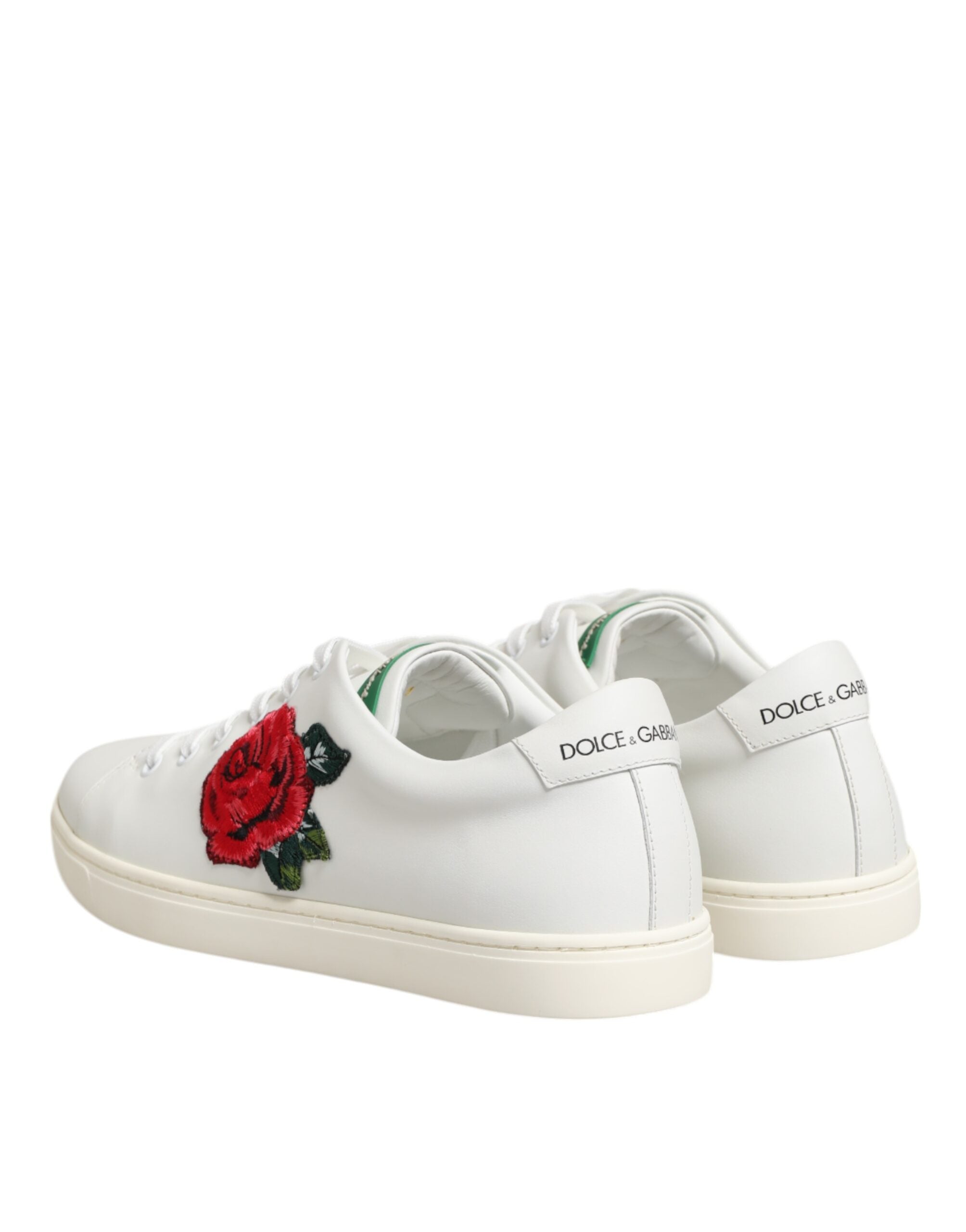 Dolce & Gabbana White Leather Rose Embroidery Low-Top  Shoes - Luxe Nova
