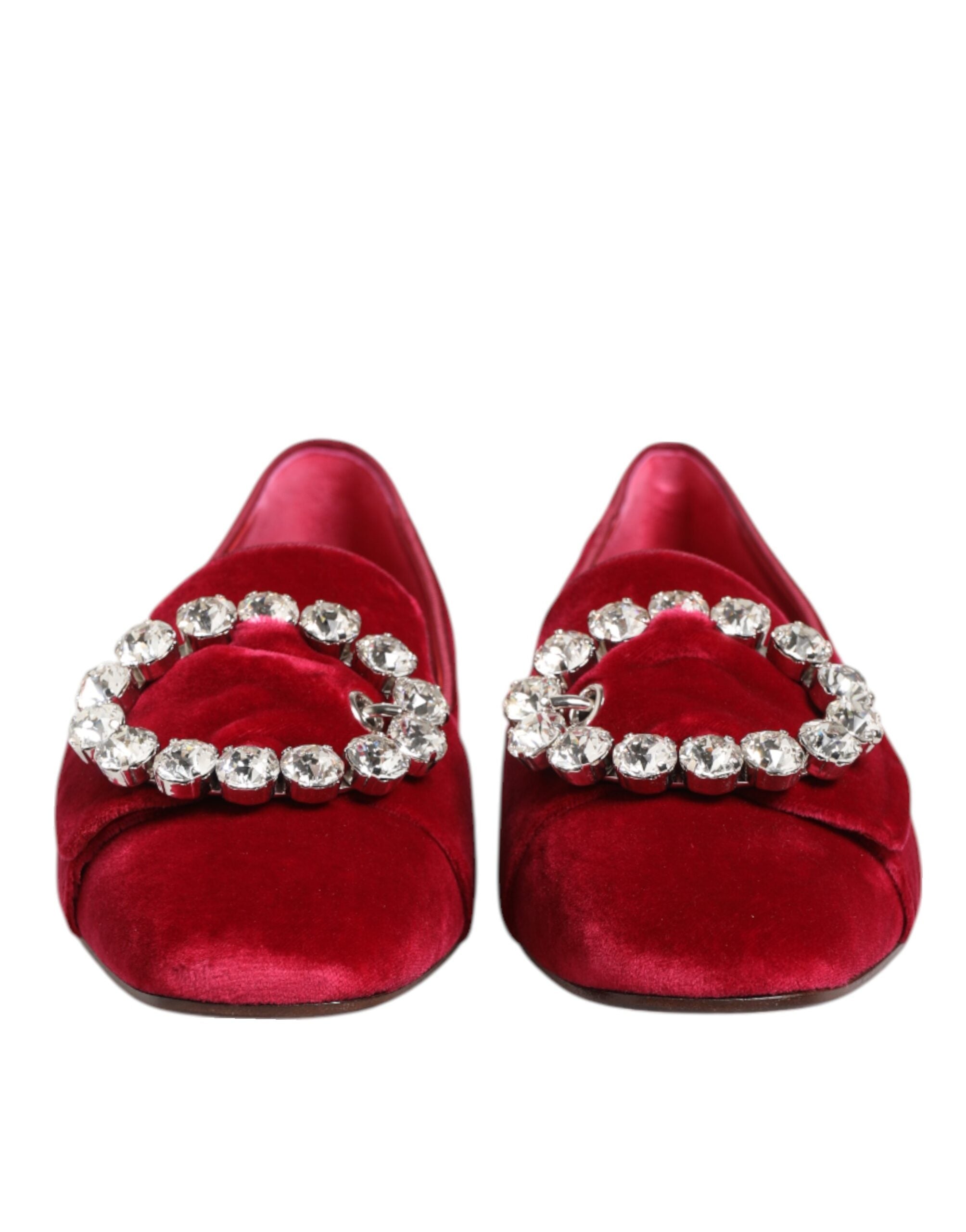 Dolce & Gabbana Red Velvet Crystal Buckle Loafers Flats Shoes - Luxe Nova