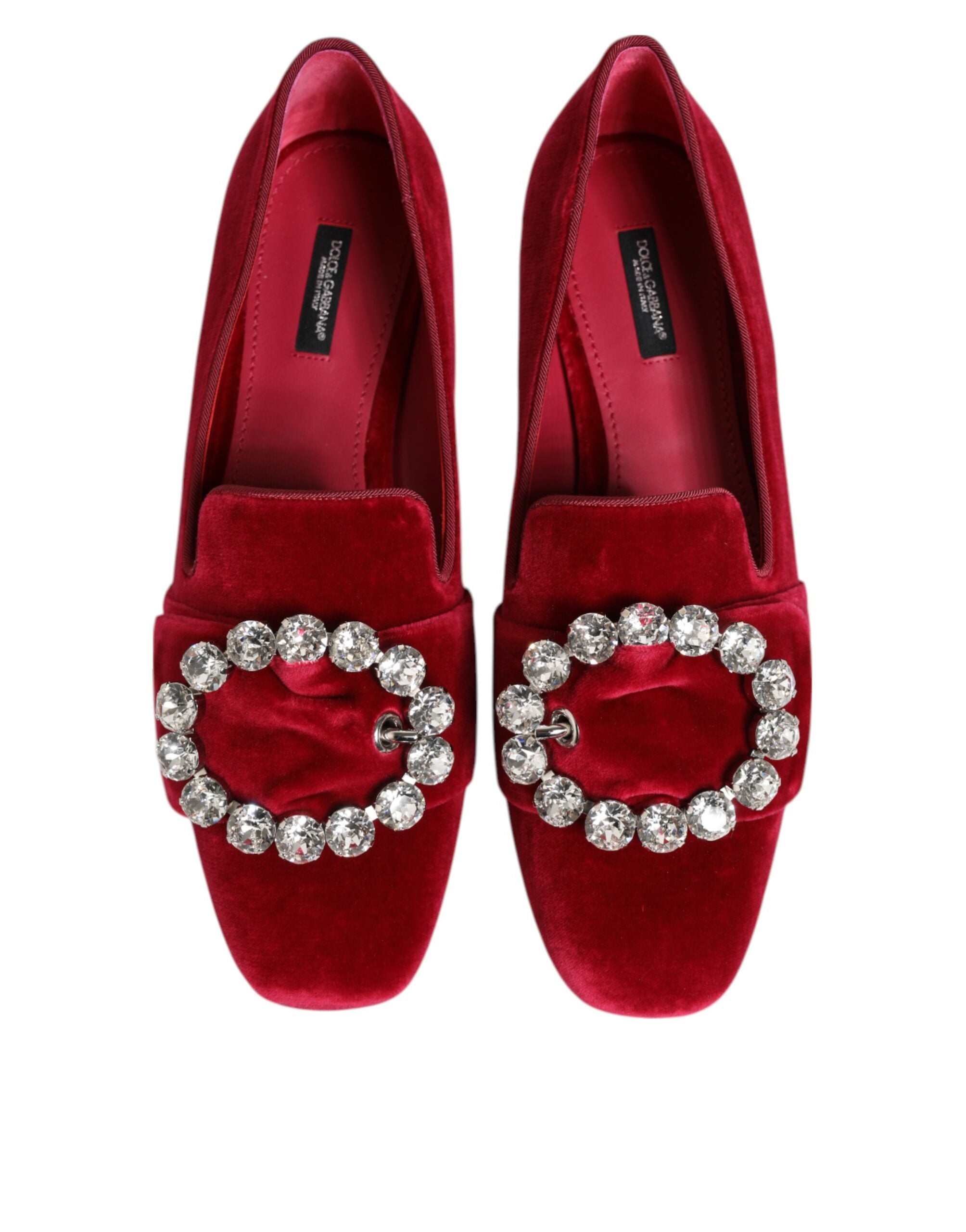Dolce & Gabbana Red Velvet Crystal Buckle Loafers Flats Shoes - Luxe Nova