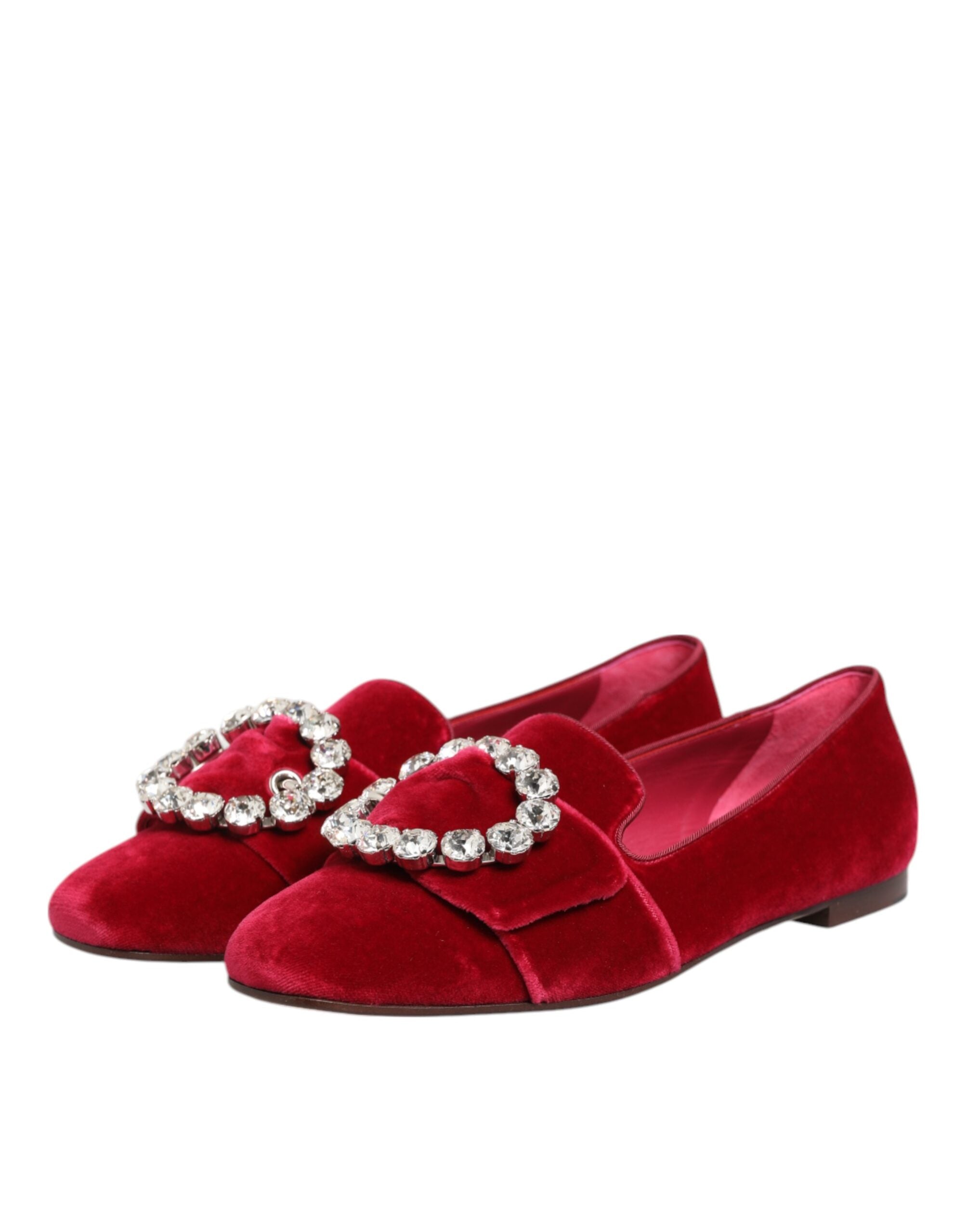 Dolce & Gabbana Red Velvet Crystal Buckle Loafers Flats Shoes - Luxe Nova