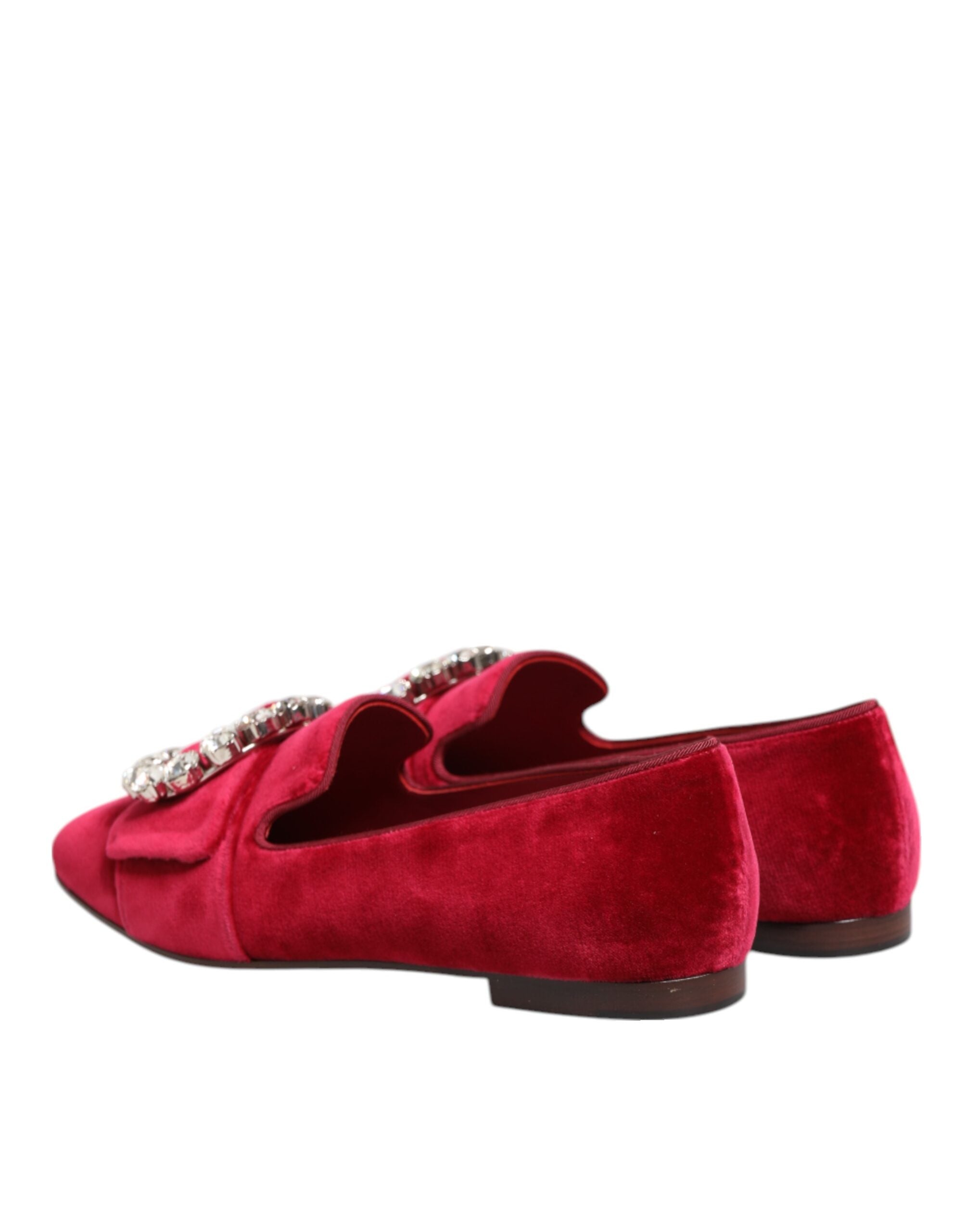 Dolce & Gabbana Red Velvet Crystal Buckle Loafers Flats Shoes - Luxe Nova