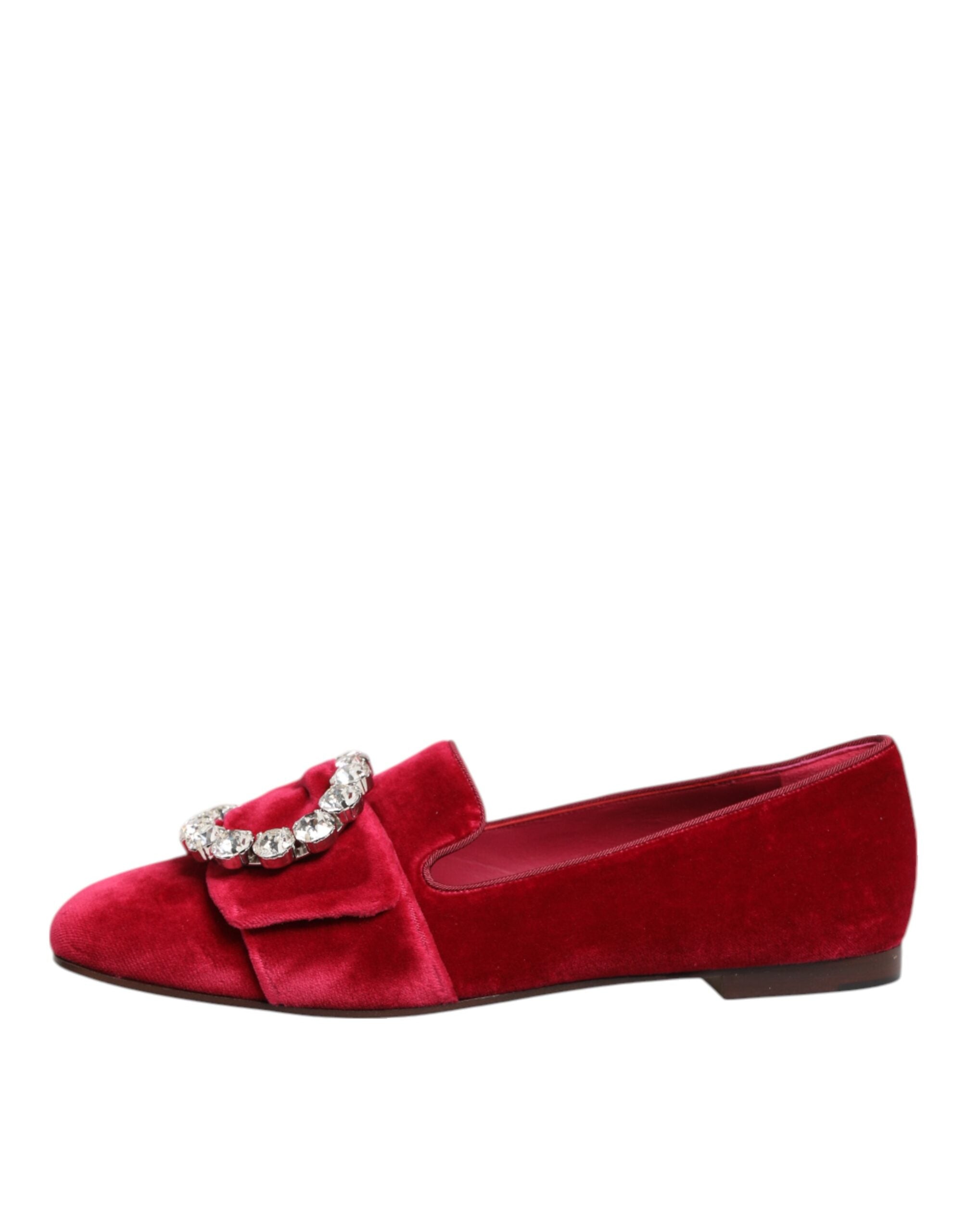 Dolce & Gabbana Red Velvet Crystal Buckle Loafers Flats Shoes - Luxe Nova