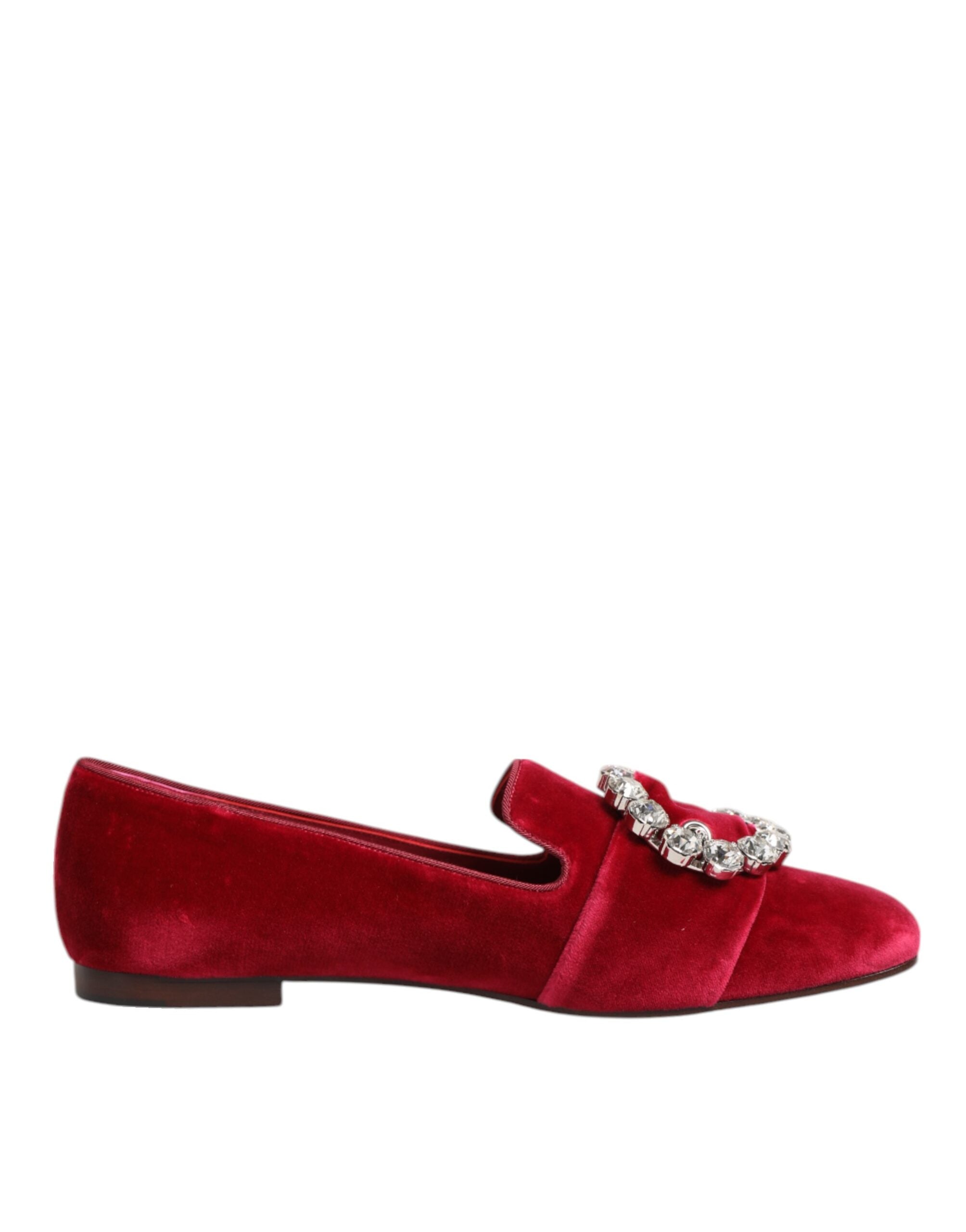 Dolce & Gabbana Red Velvet Crystal Buckle Loafers Flats Shoes - Luxe Nova
