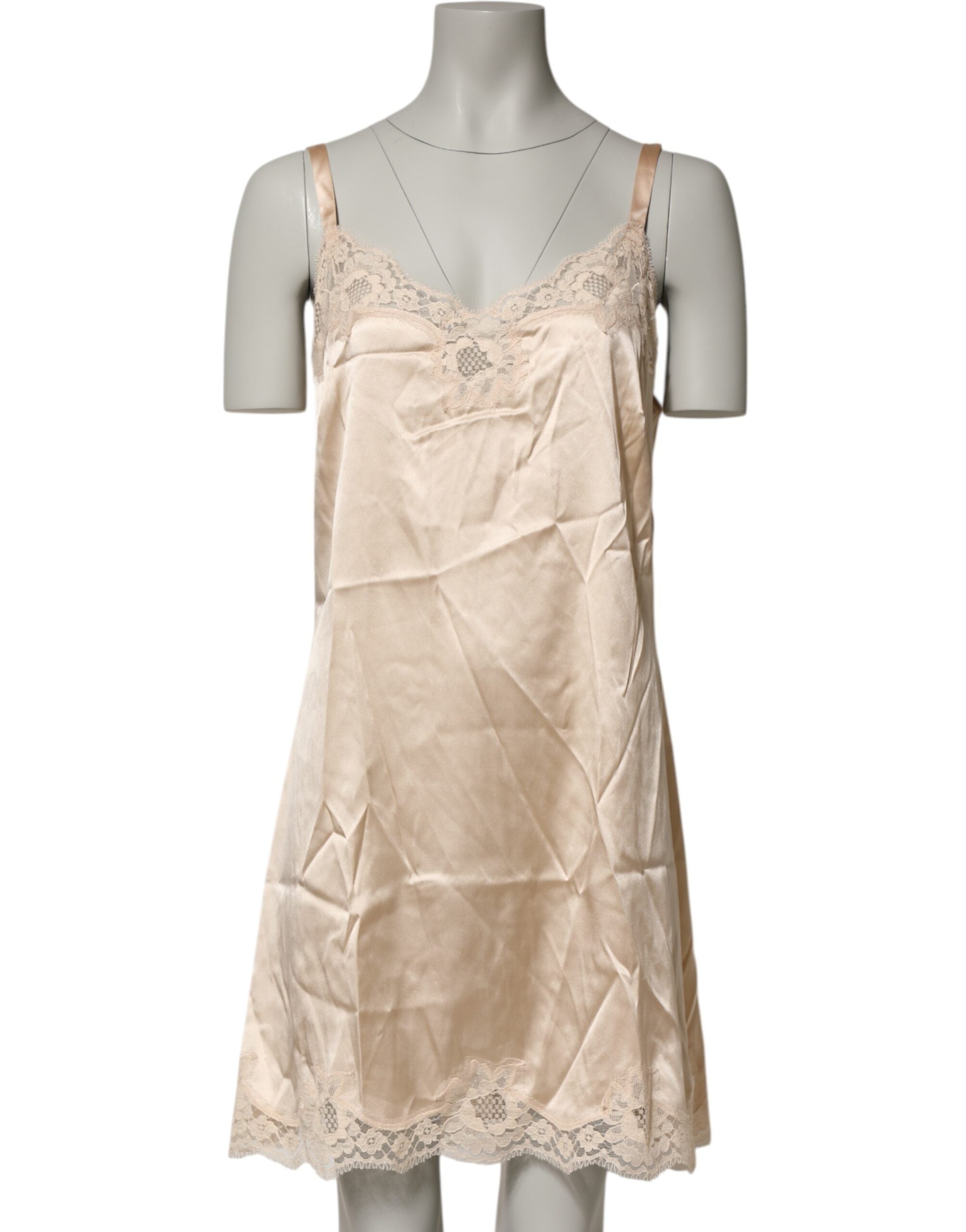 Dolce & Gabbana Nude Chemise Lingerie Silk Blend Lace Trim Dress