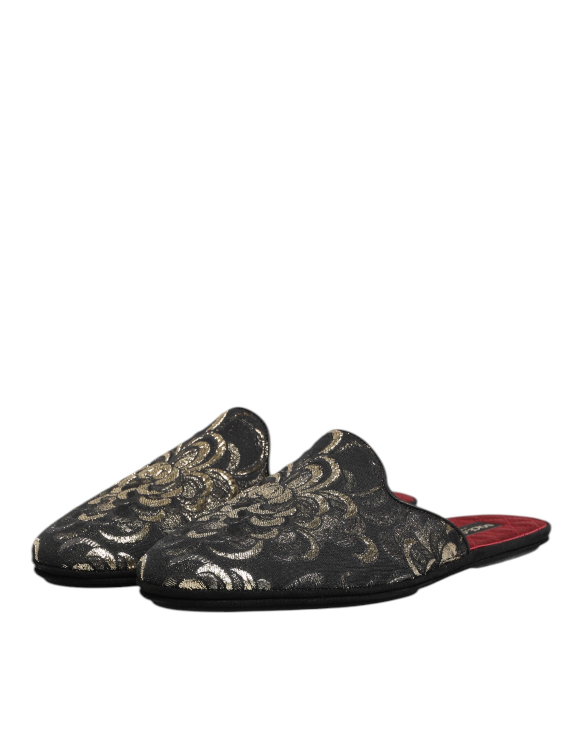Dolce & Gabbana Black Floral Jacquard Slides Slippers Shoes - Luxe Nova