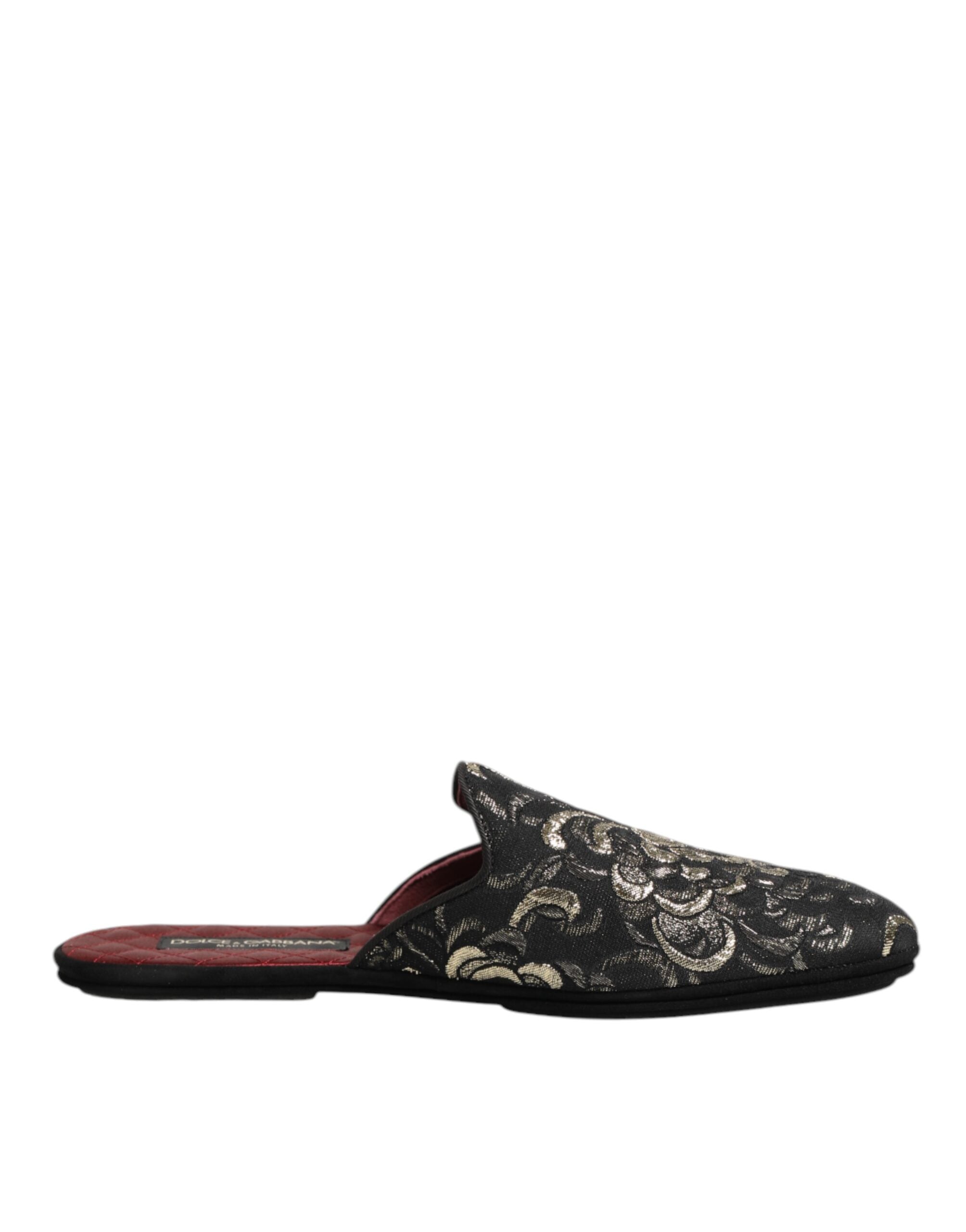 Dolce & Gabbana Black Floral Jacquard Slides Slippers Shoes - Luxe Nova