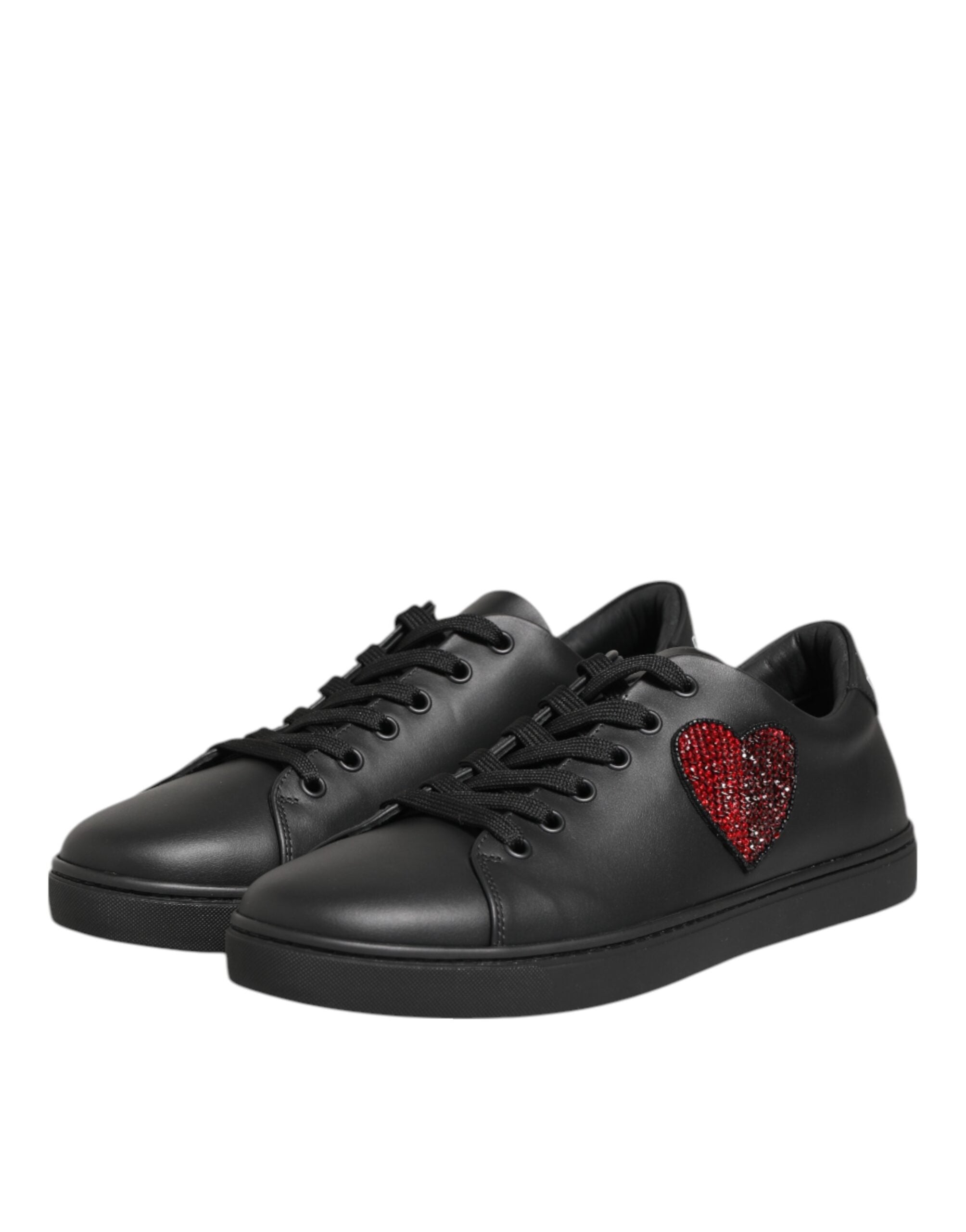 Dolce & Gabbana Black Leather Crystal Heart Sneakers  Shoes - Luxe Nova