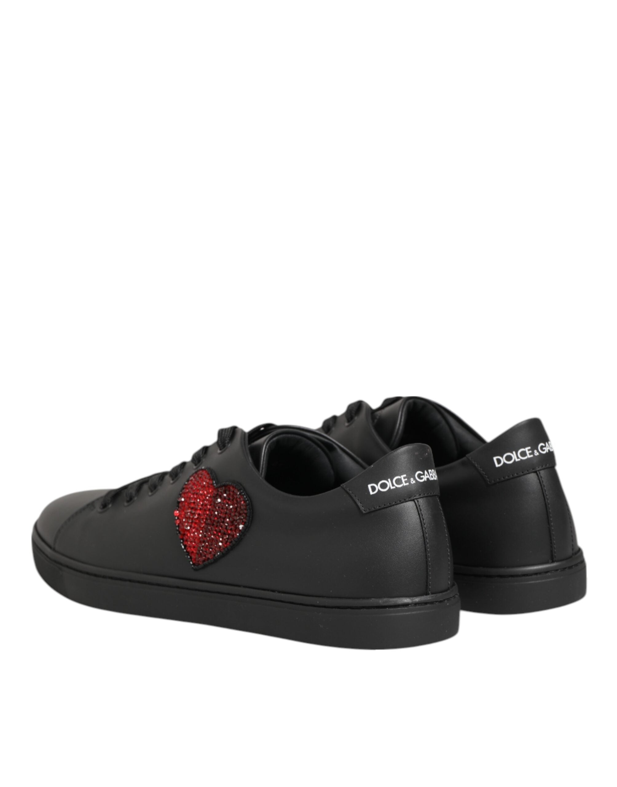 Dolce & Gabbana Black Leather Crystal Heart Sneakers  Shoes - Luxe Nova