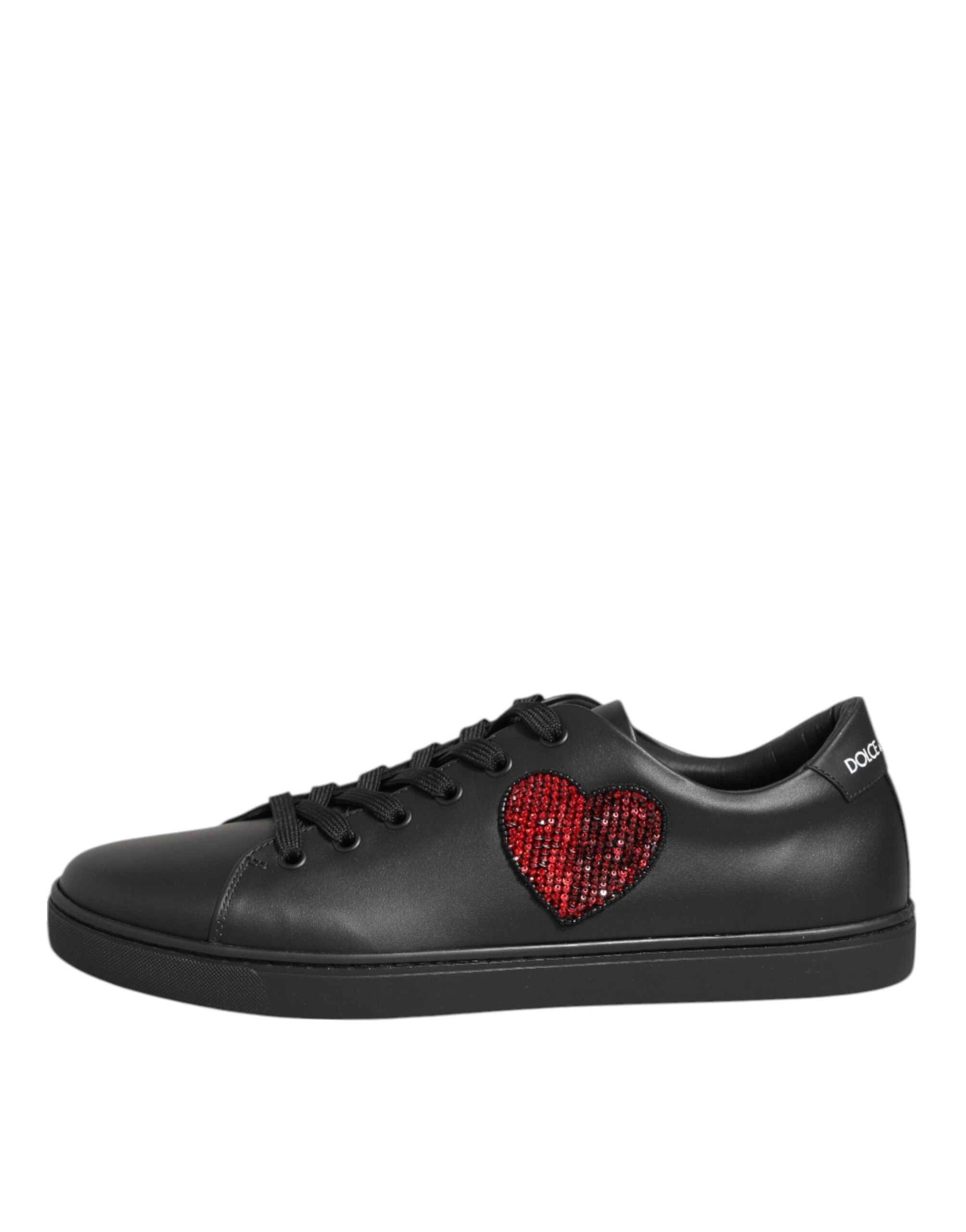 Dolce & Gabbana Black Leather Crystal Heart Sneakers  Shoes - Luxe Nova
