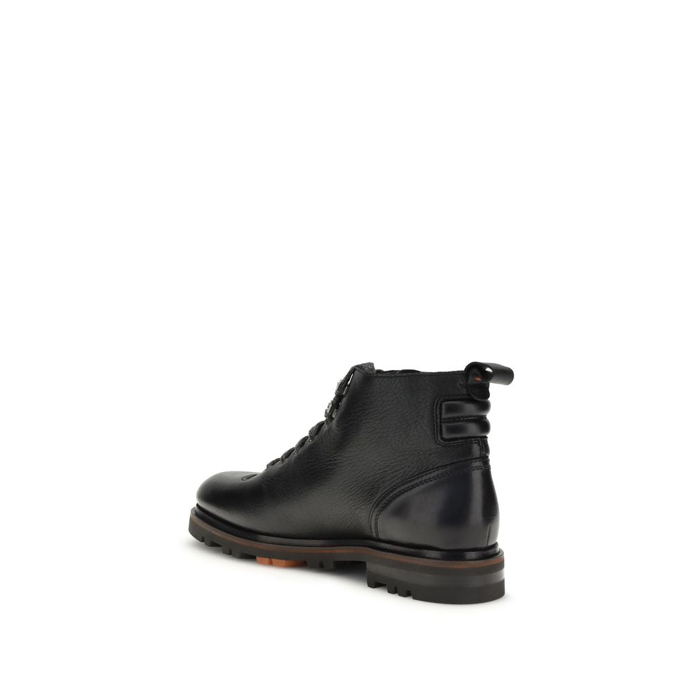 Santoni Black Calf Leather Bos Taurus Lace-Up Boots - Luxe Nova