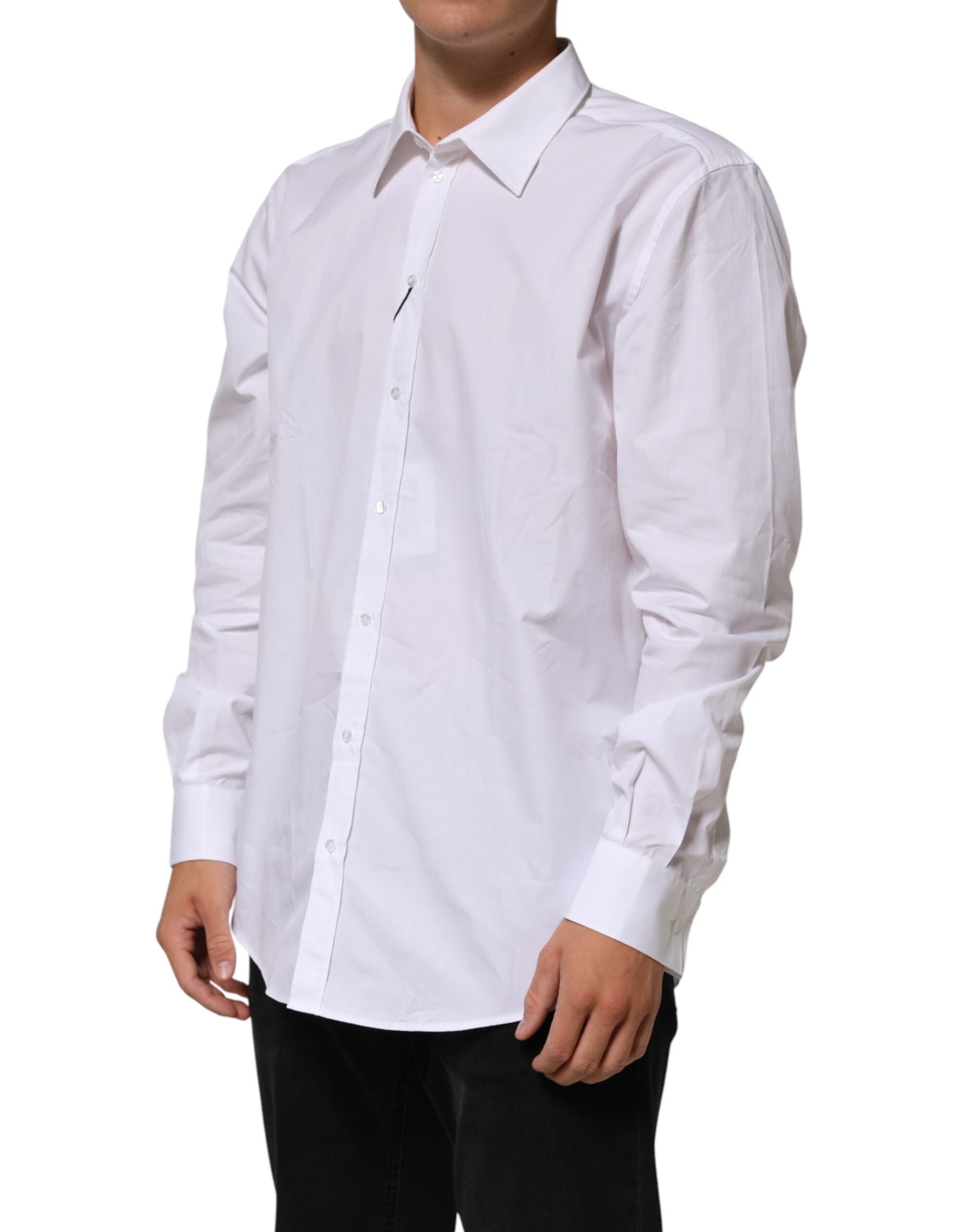 Dolce & Gabbana White Cotton Collared Long Sleeve Men Dress Shirt - Luxe Nova