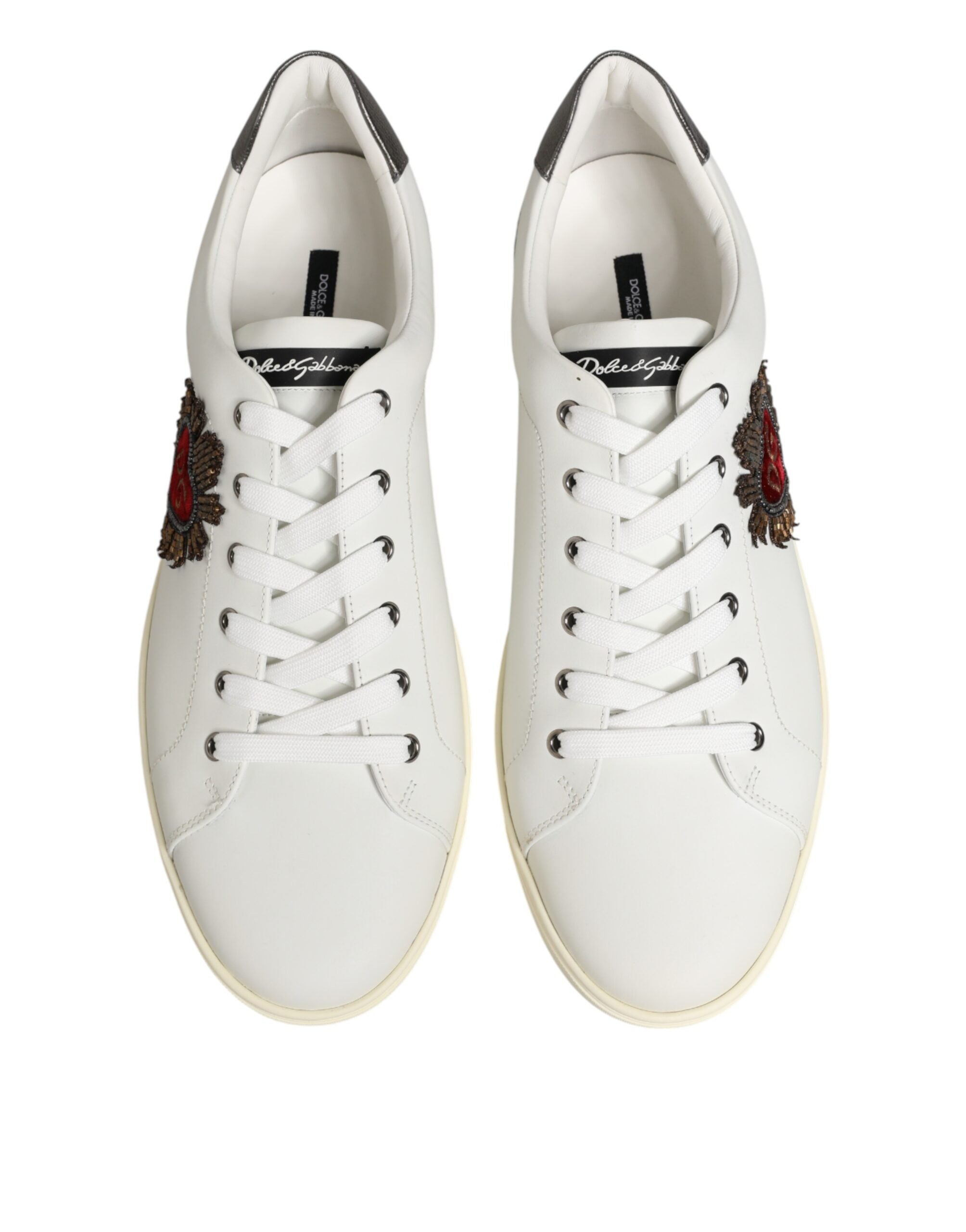 Dolce & Gabbana White Leather Heart Embellished Sneakers Shoes - Luxe Nova