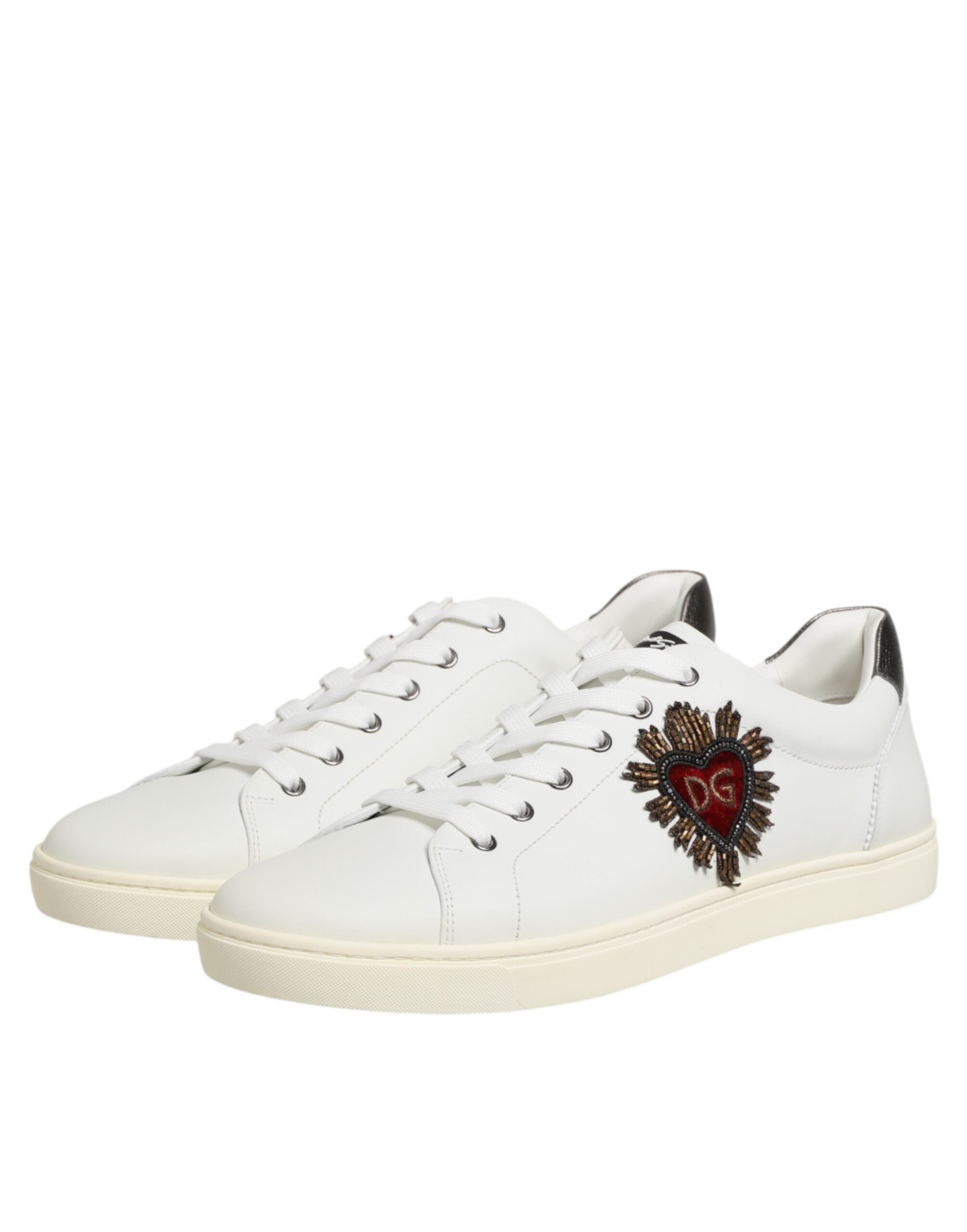 Dolce & Gabbana White Leather Heart Embellished Sneakers Shoes - Luxe Nova