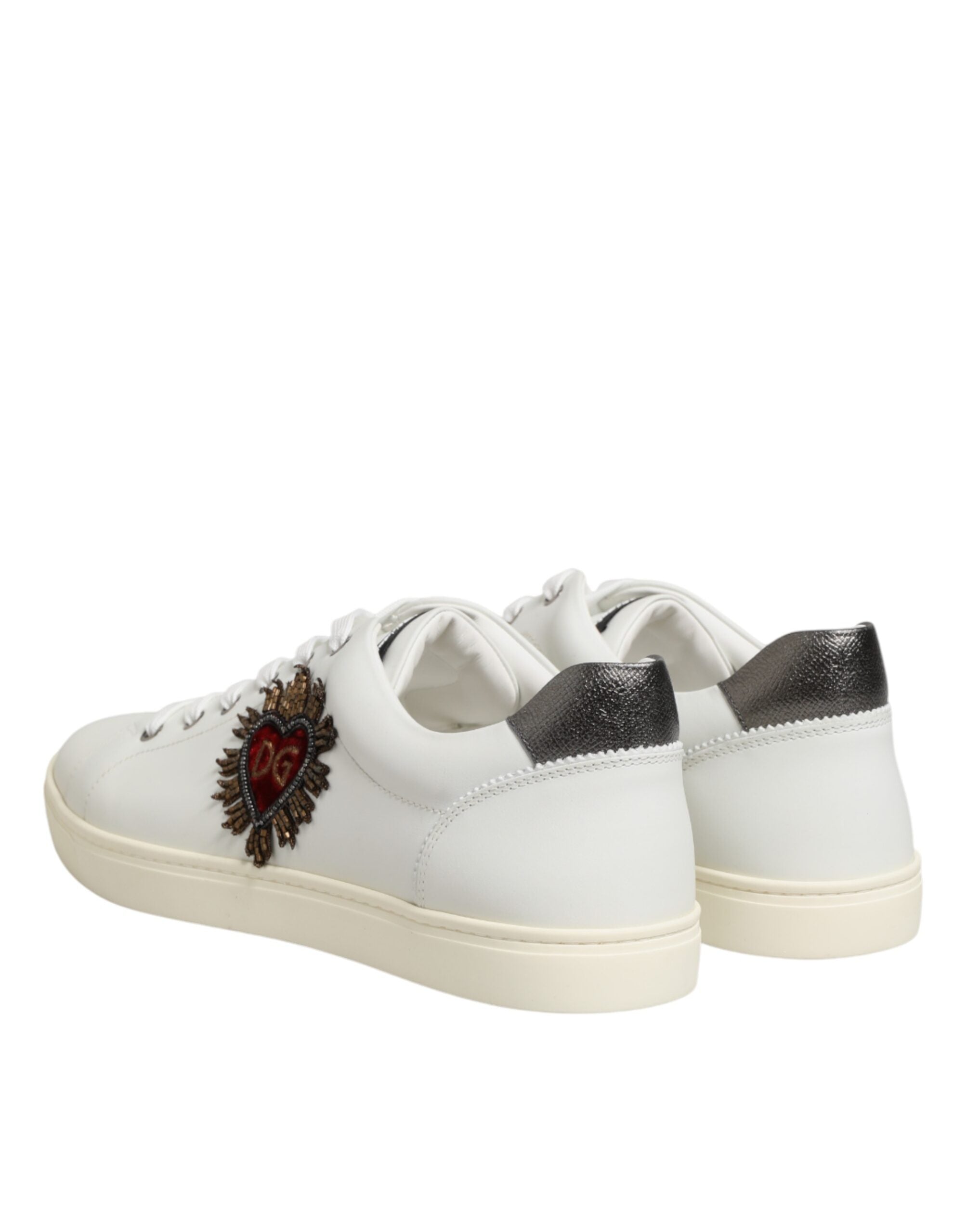 Dolce & Gabbana White Leather Heart Embellished Sneakers Shoes - Luxe Nova