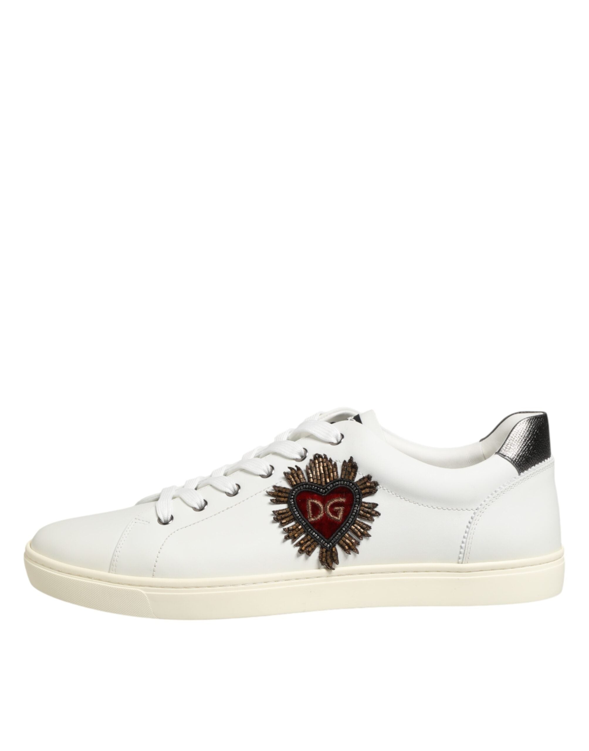 Dolce & Gabbana White Leather Heart Embellished Sneakers Shoes - Luxe Nova