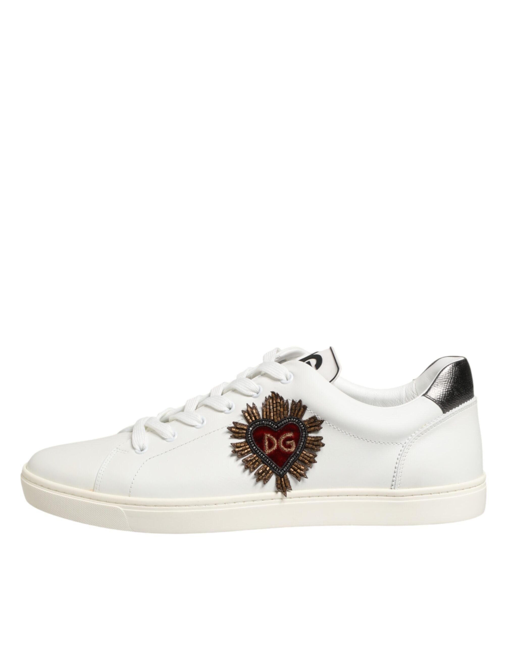 Dolce & Gabbana White Leather Heart Embellished Sneakers Shoes - Luxe Nova