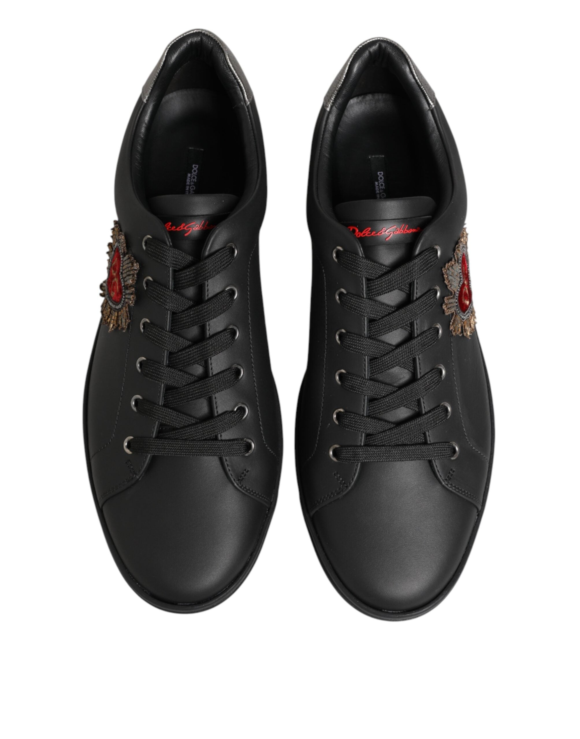 Dolce & Gabbana Black Leather Heart Embellished Sneakers Shoes - Luxe Nova