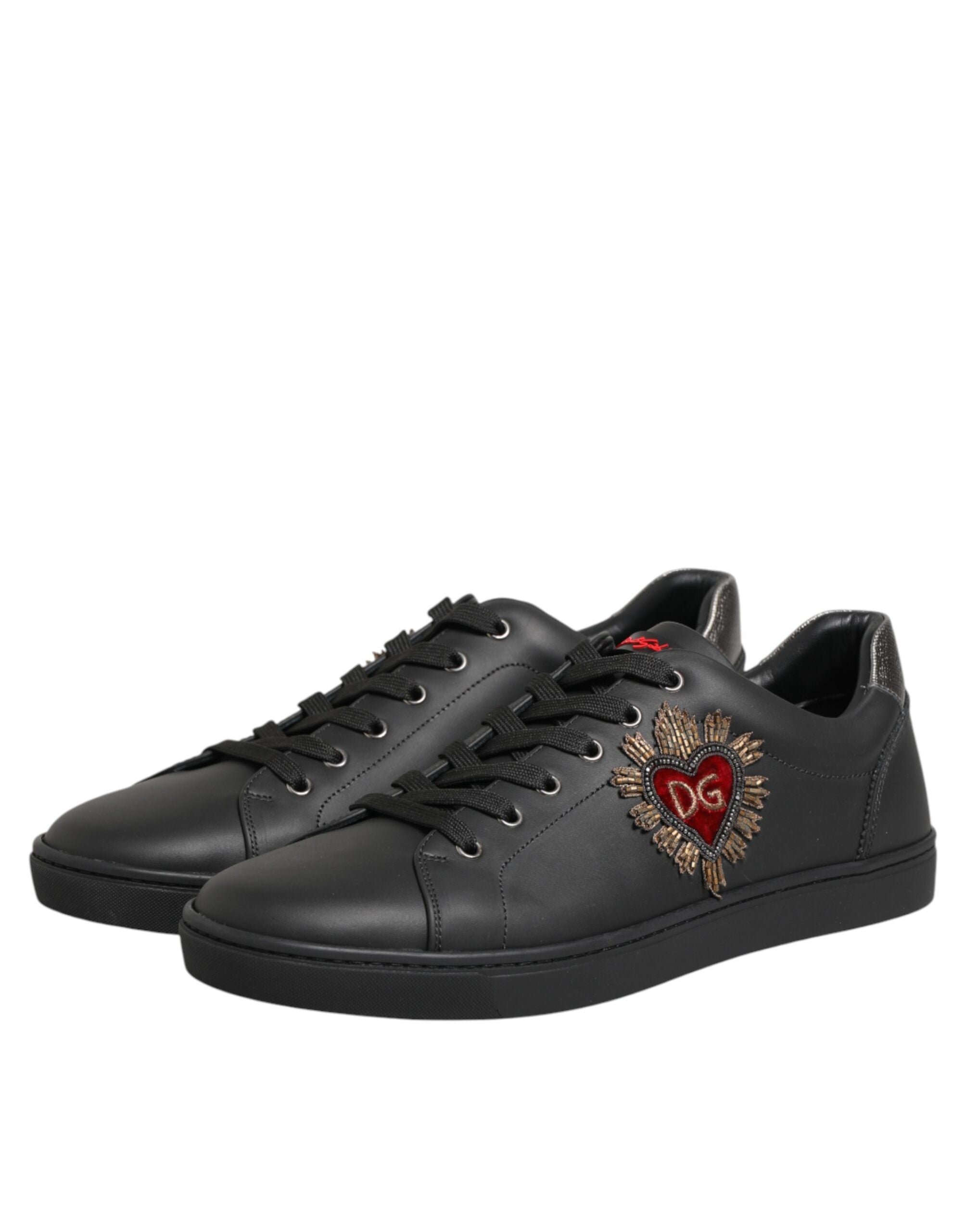 Dolce & Gabbana Black Leather Heart Embellished Sneakers Shoes - Luxe Nova