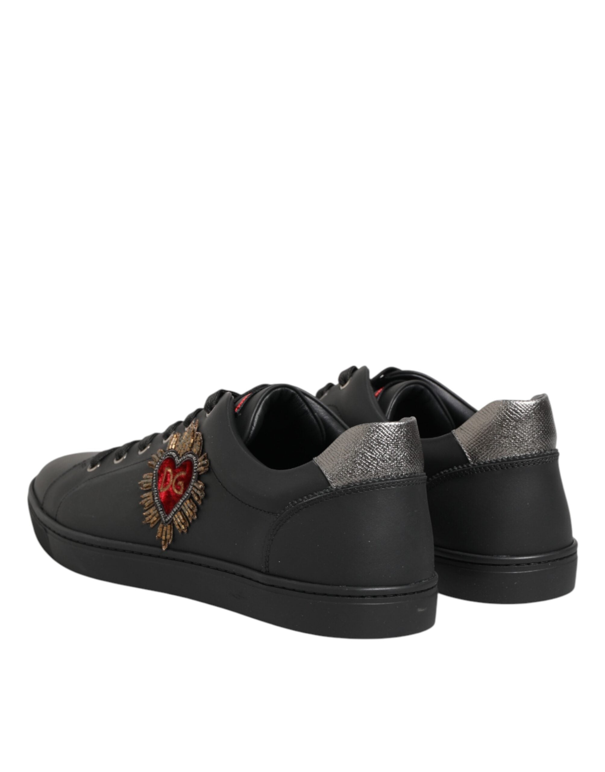 Dolce & Gabbana Black Leather Heart Embellished Sneakers Shoes - Luxe Nova