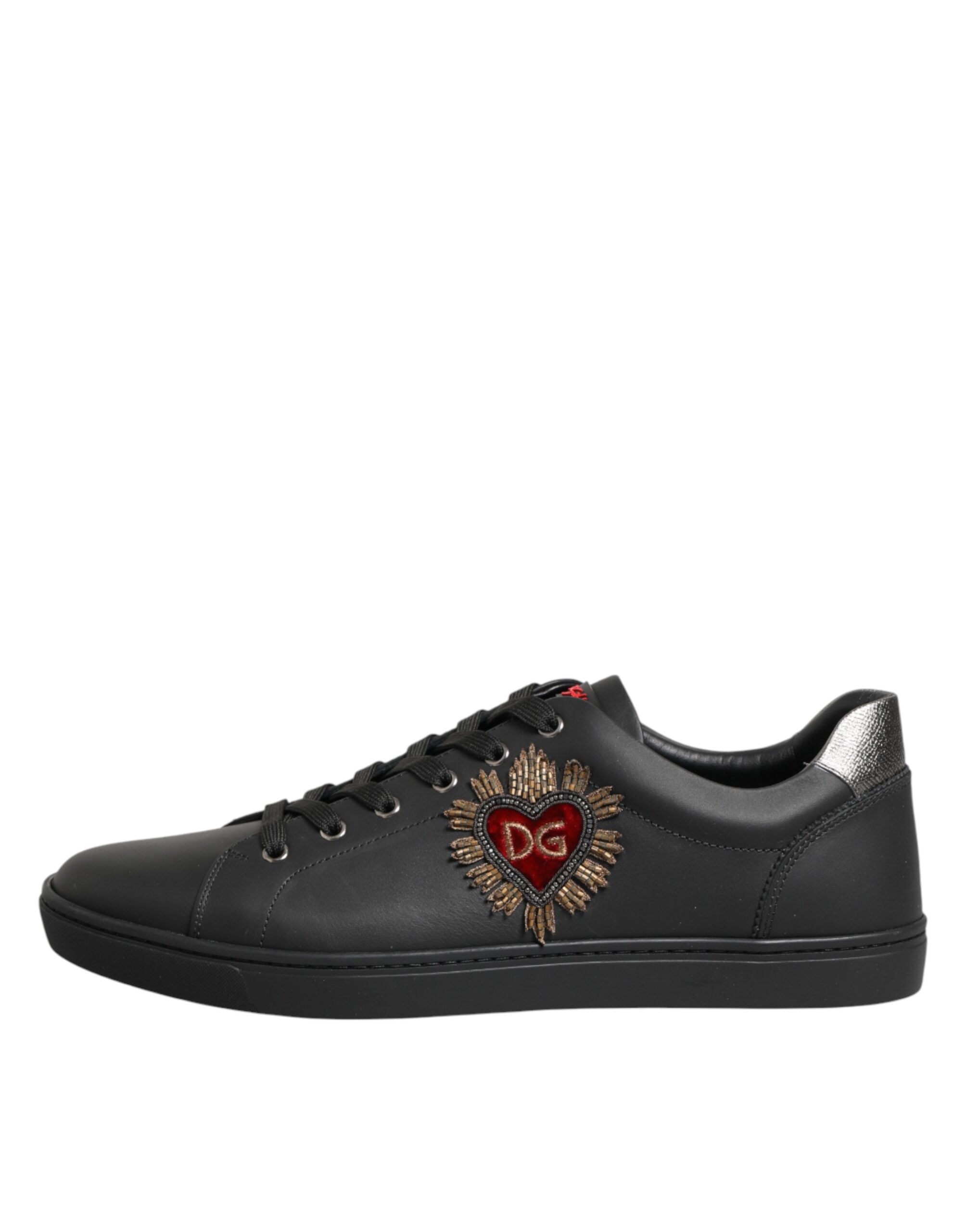 Dolce & Gabbana Black Leather Heart Embellished Sneakers Shoes - Luxe Nova