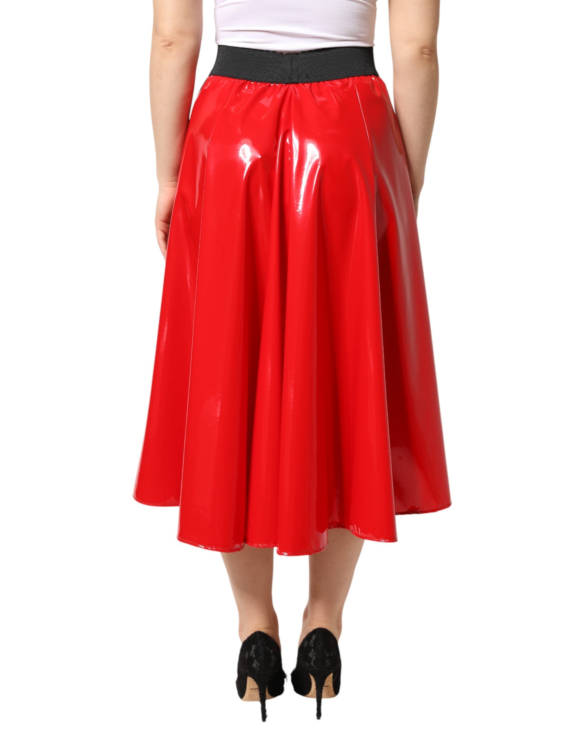 Dolce & Gabbana Glossy Red Polyester High Waist Midi Skirt