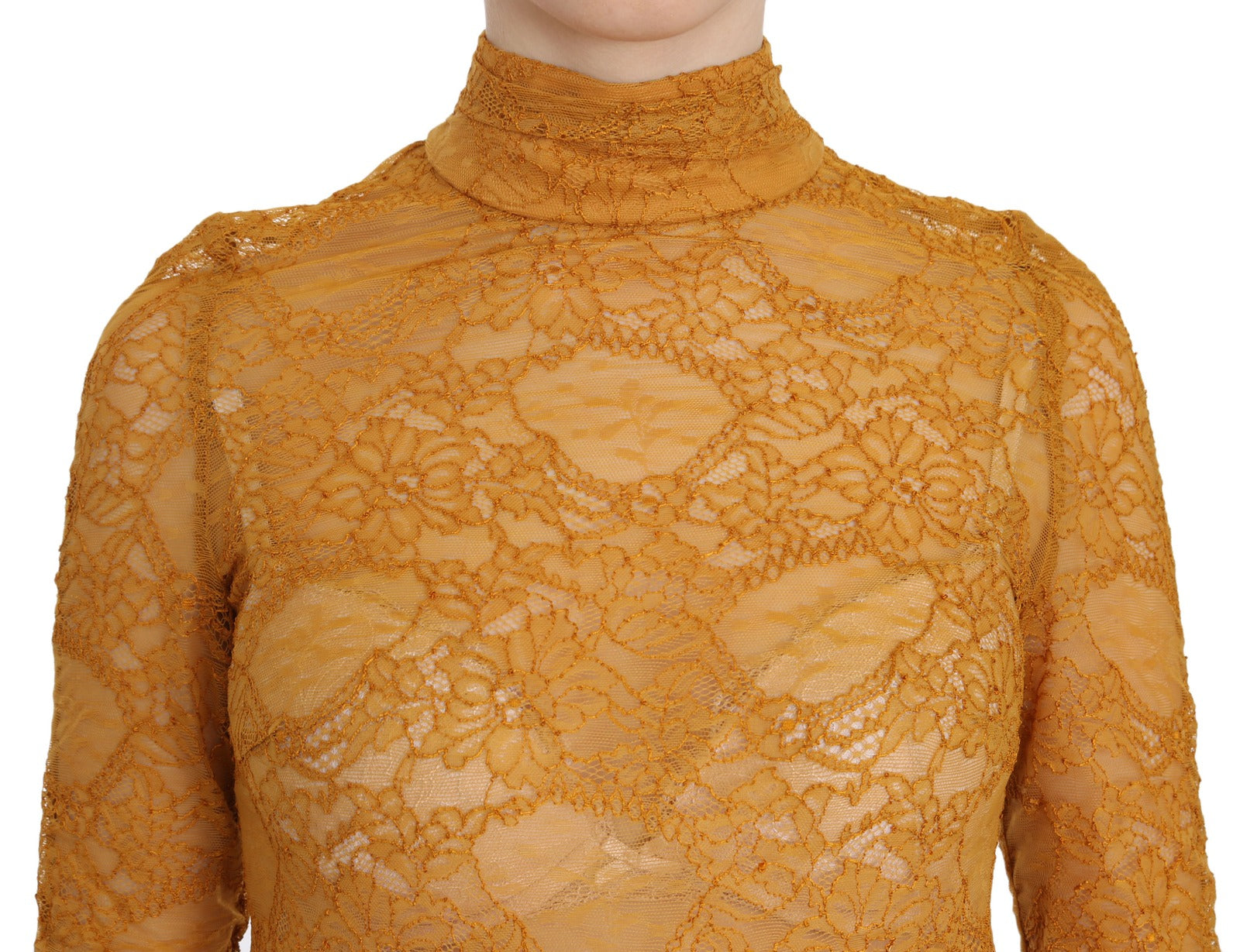Mangano Mustard Turtle Neck Long Sleeve Lace Top Blouse
