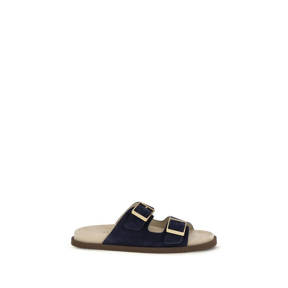 Brunello Cucinelli Black Calf Leather Bos Taurus Flat Sandals - Luxe Nova
