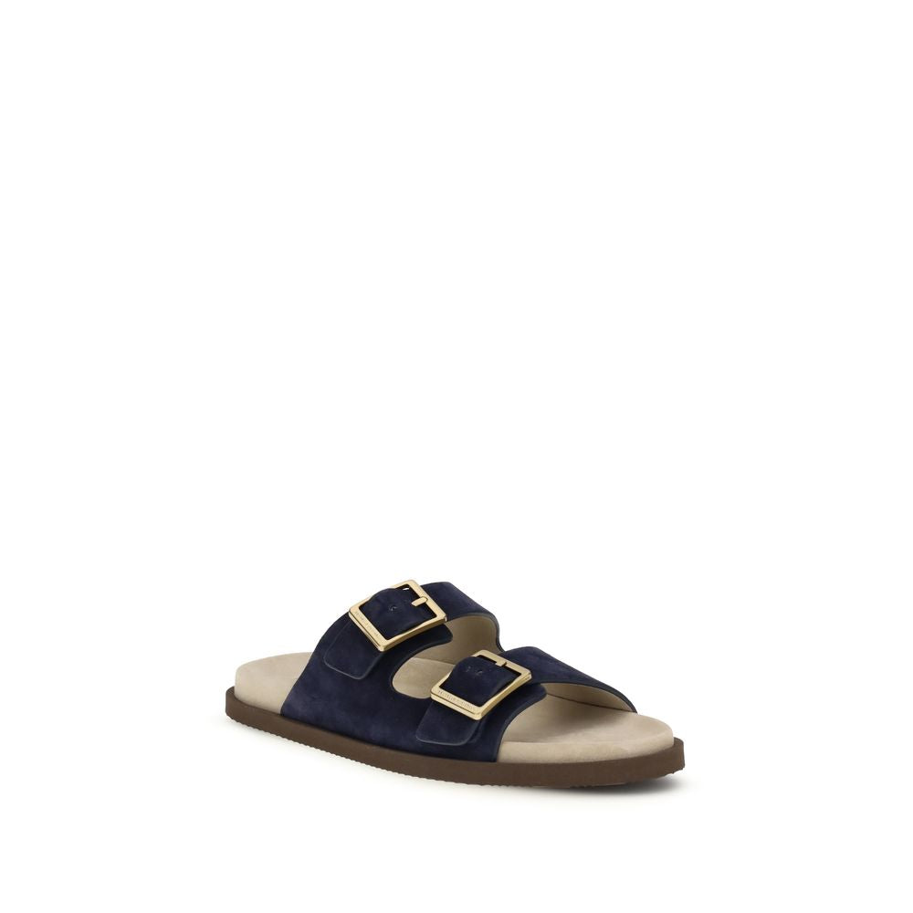 Brunello Cucinelli Black Calf Leather Bos Taurus Flat Sandals - Luxe Nova