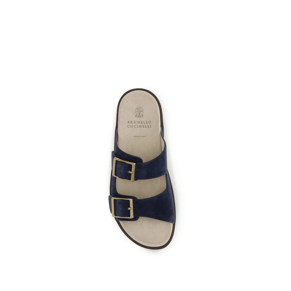 Brunello Cucinelli Black Calf Leather Bos Taurus Flat Sandals - Luxe Nova