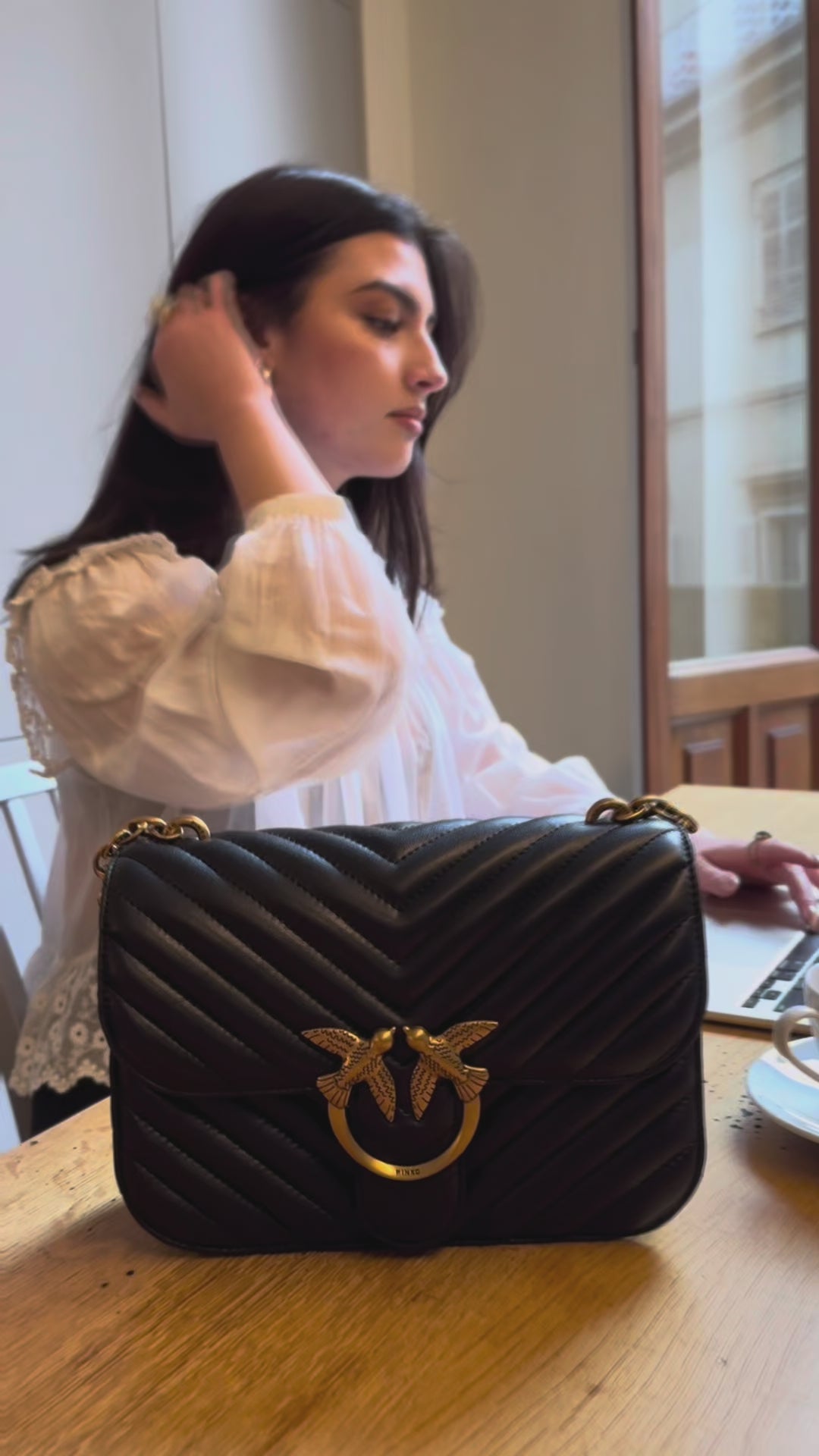 PINKO Black Calf Leather Bos Taurus Shoulder Bag