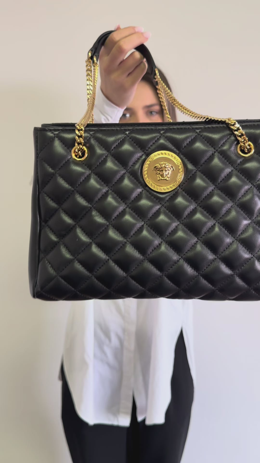 Versace Black Quilted Nappa Leather Medusa Tote Handbag