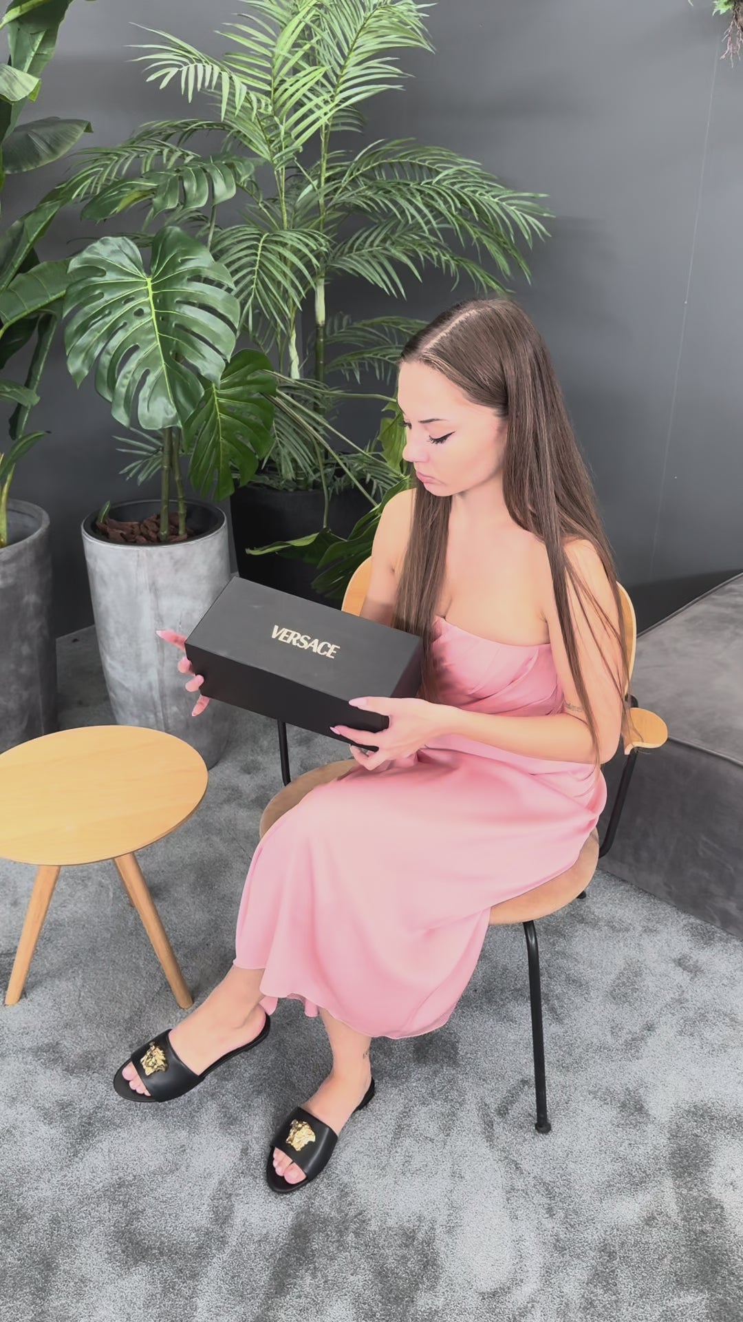 Versace Black Leather Logo Plaque Slip On Slides Flats Shoes