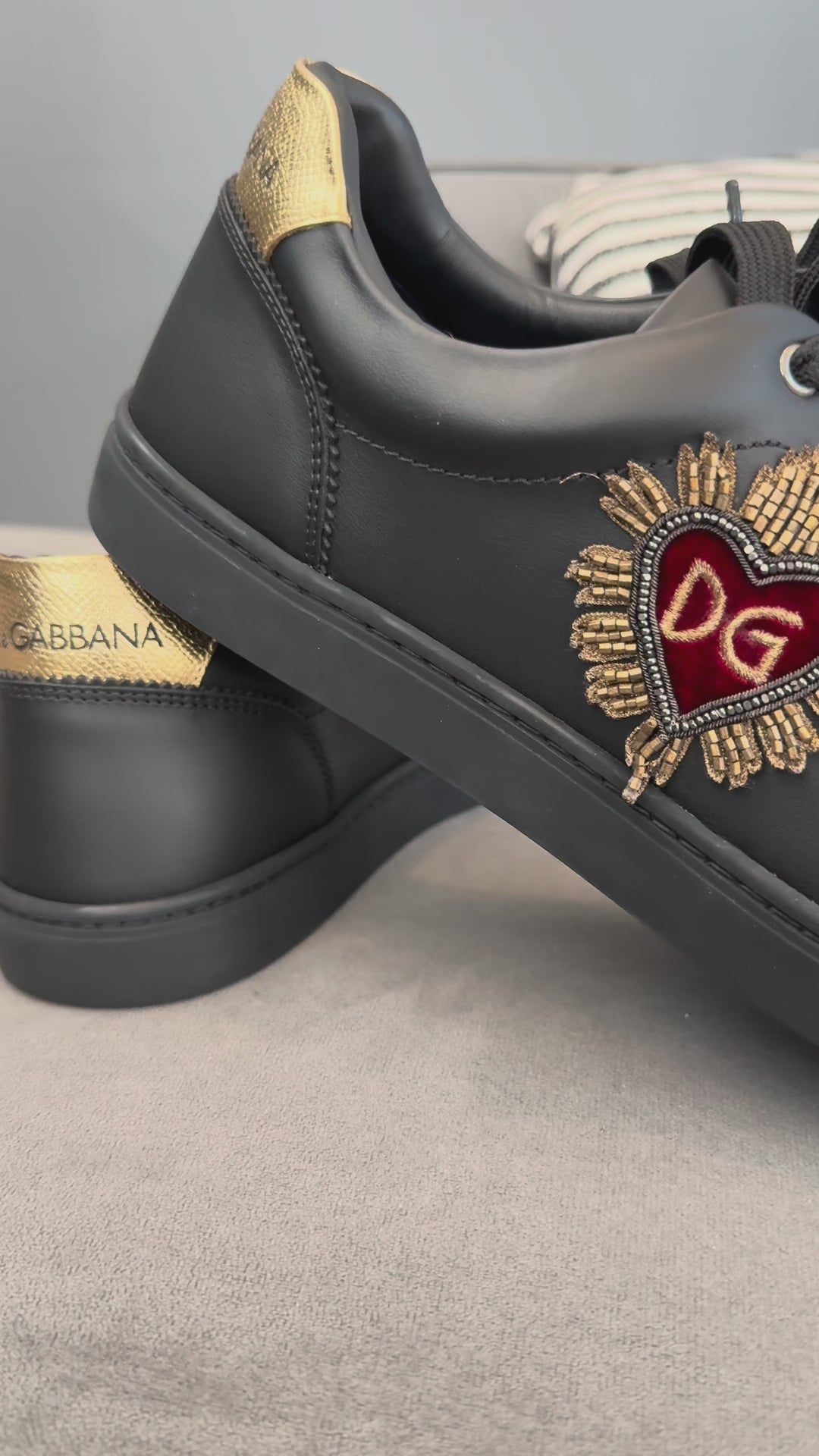 Dolce & Gabbana Black Leather Heart Embellished Sneakers Shoes